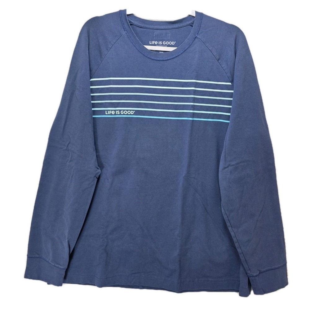 Life Is Good Crusher Crew Neck Tee Shirt Mens XL Long Sleeve Tshirt Blue Stripes